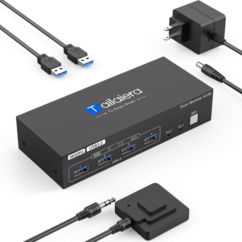 CCONG 4K HDMI KVM Switch 2 Monitors 2 Computers 4K@60Hz, with 4 USB 3.0 Ports for 2 Computers Sharing 2 Monitors Keyboard Mouse Printer with 2 USB Cables, Power Adapter and Controller - Image 1